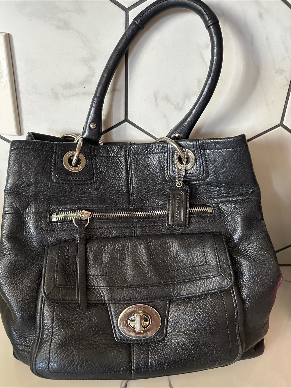 Coach Black Leather Shoulder Tote with Turnlock Pocket